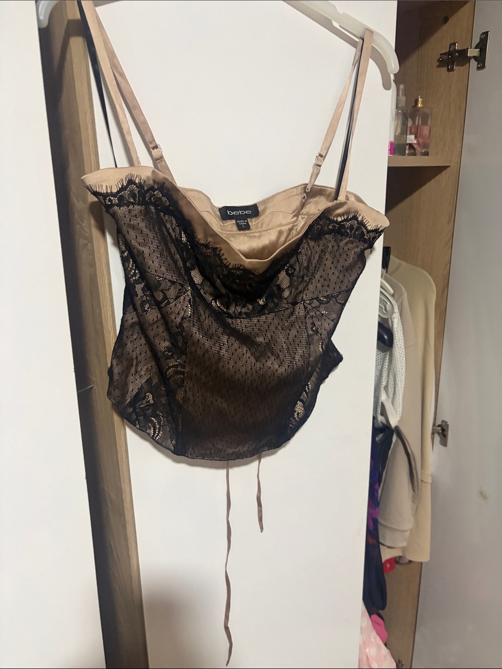 bebe Satin Bustier Tank Top in Nude and Black Lace